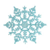 A set of six shimmering blue snowflake Christmas ornaments.