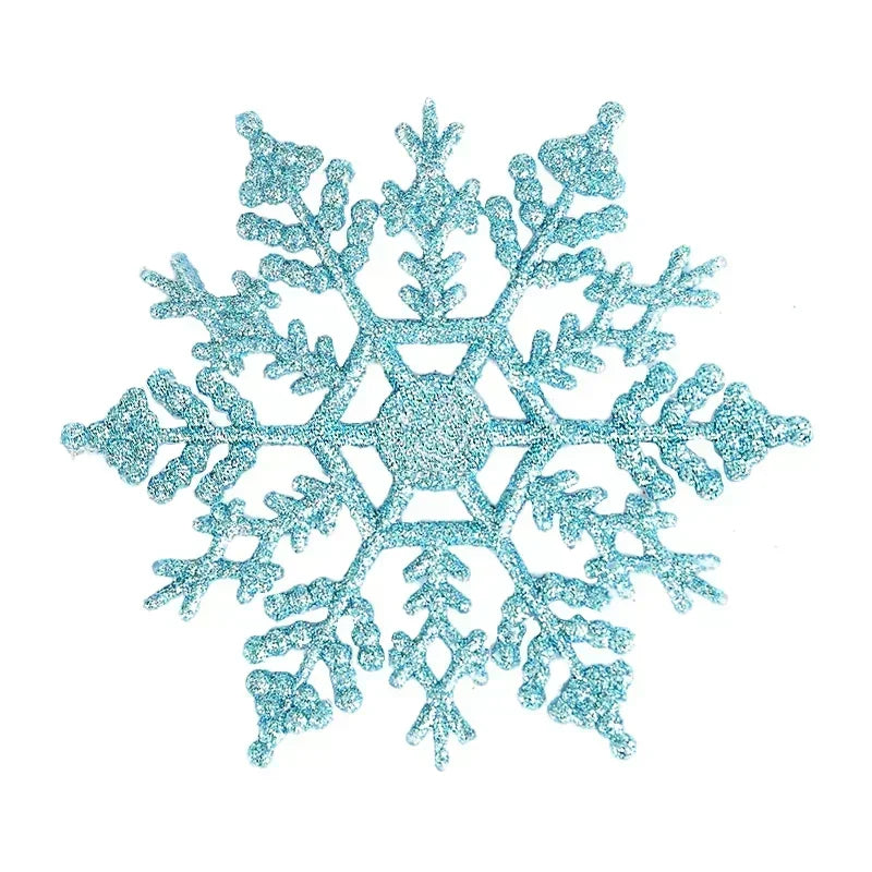 A set of six shimmering blue snowflake Christmas ornaments.