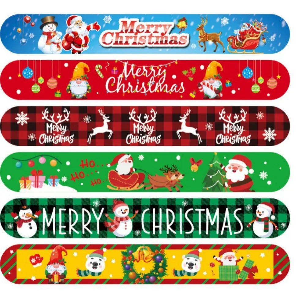 A set of ten colorful Christmas cartoon slap bracelets featuring Santa, reindeer, and festive holiday designs.