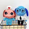 A plush toy of a blue dog with large glasses and a white shirt, standing next to a pink animal hospital plush.