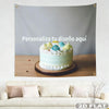 A white frosted cake decorated with pastel swirls is displayed in front of a banner featuring text inviting customization.