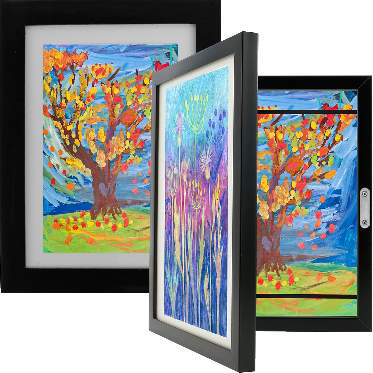 A vertical painting featuring a tree with bright autumn foliage against a blue sky and green landscape, displayed in a black 