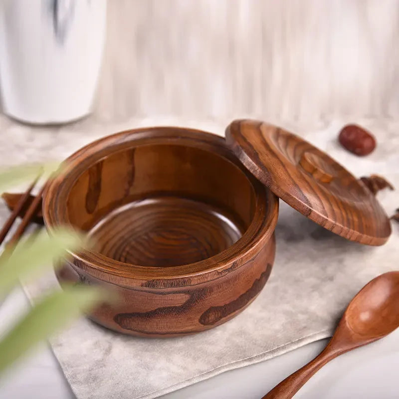 Natural Solid Wood Serving Bowl with Lid