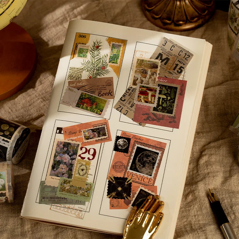 A close-up of a page from a decorative washi tape product showing various patterned paper samples and craft elements.