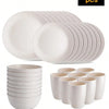 A set of 32 white reusable plastic tableware items including plates and cups.