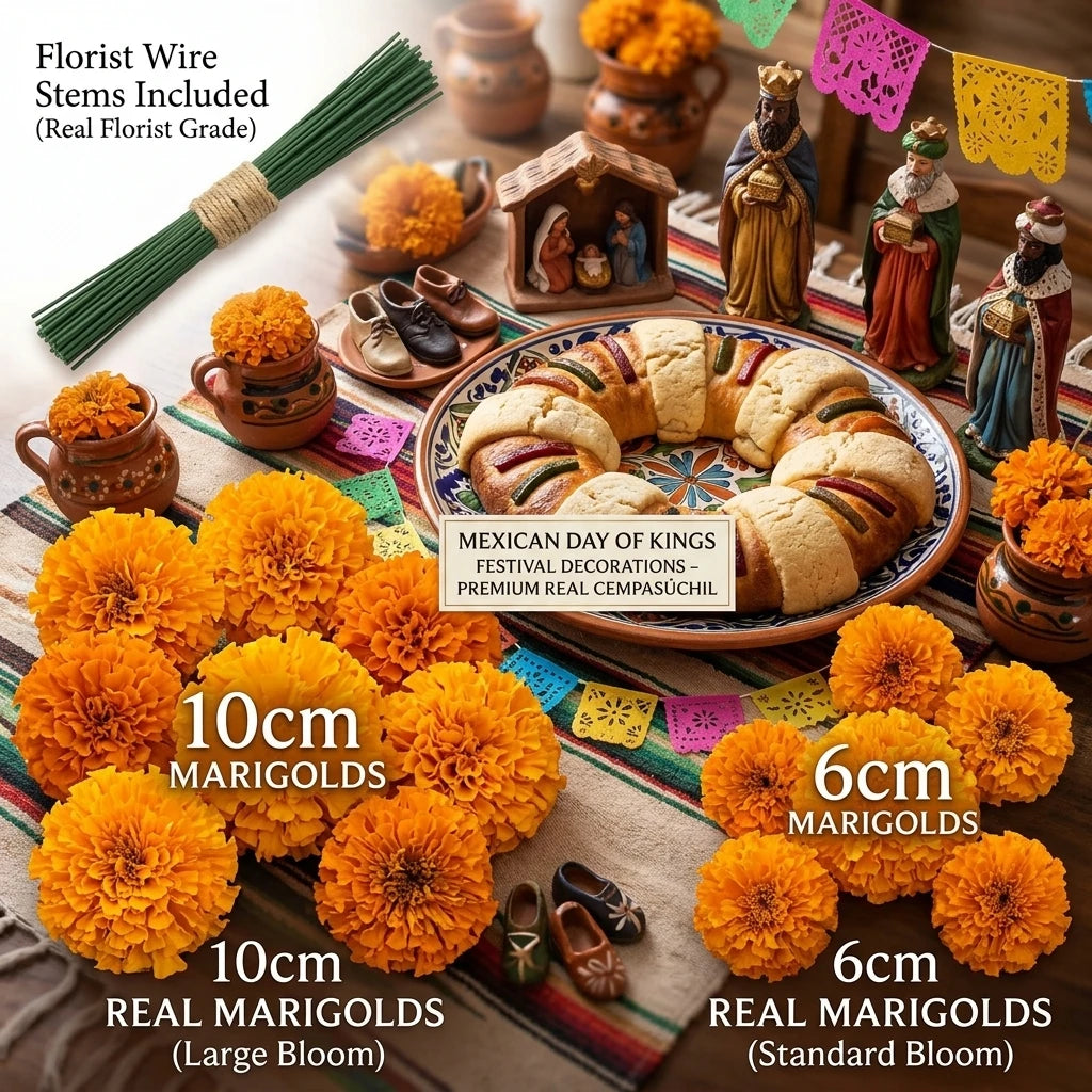 A collection of artificial marigold flowers in various sizes and colors, including 10cm and 6cm versions, displayed with wood