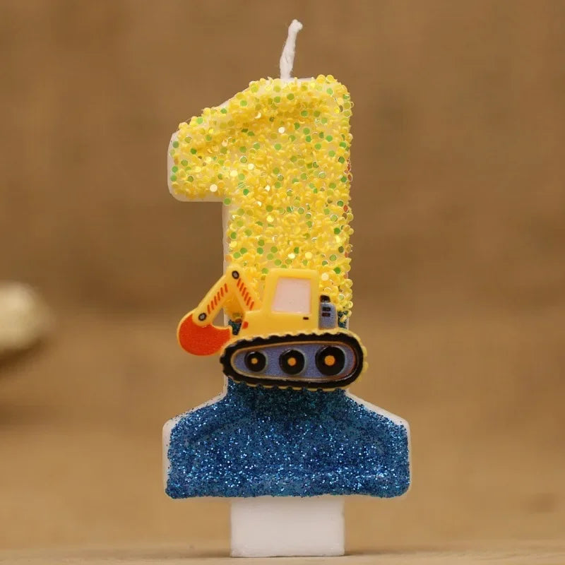 A birthday candle shaped like a construction excavator, featuring a yellow and orange vehicle on a blue base.