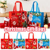A set of festive red and blue Merry Christmas gift bags with handles featuring Santa Claus and Christmas scenes.