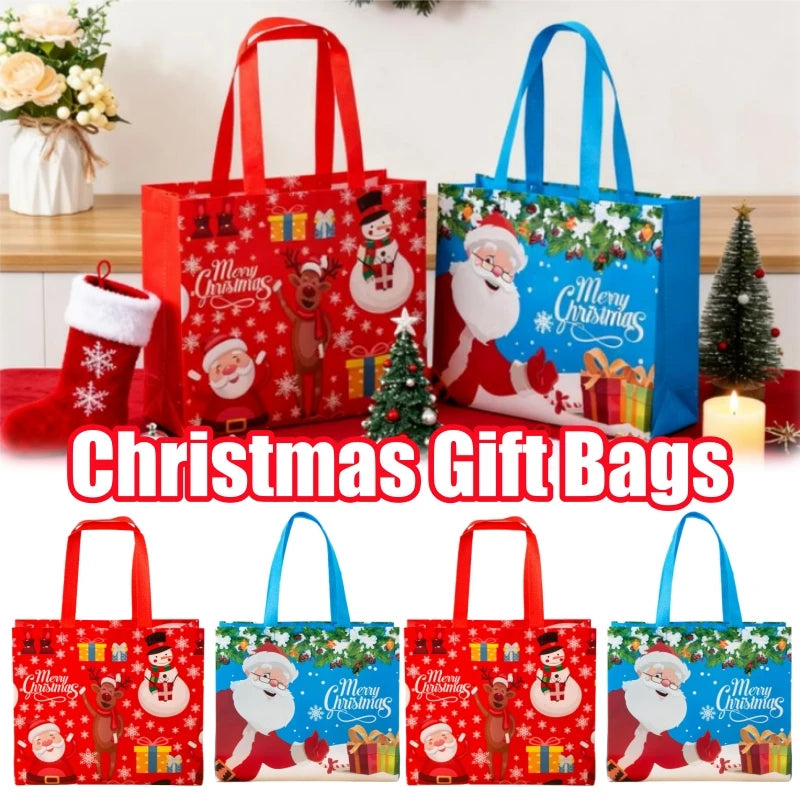A set of festive red and blue Merry Christmas gift bags with handles featuring Santa Claus and Christmas scenes.