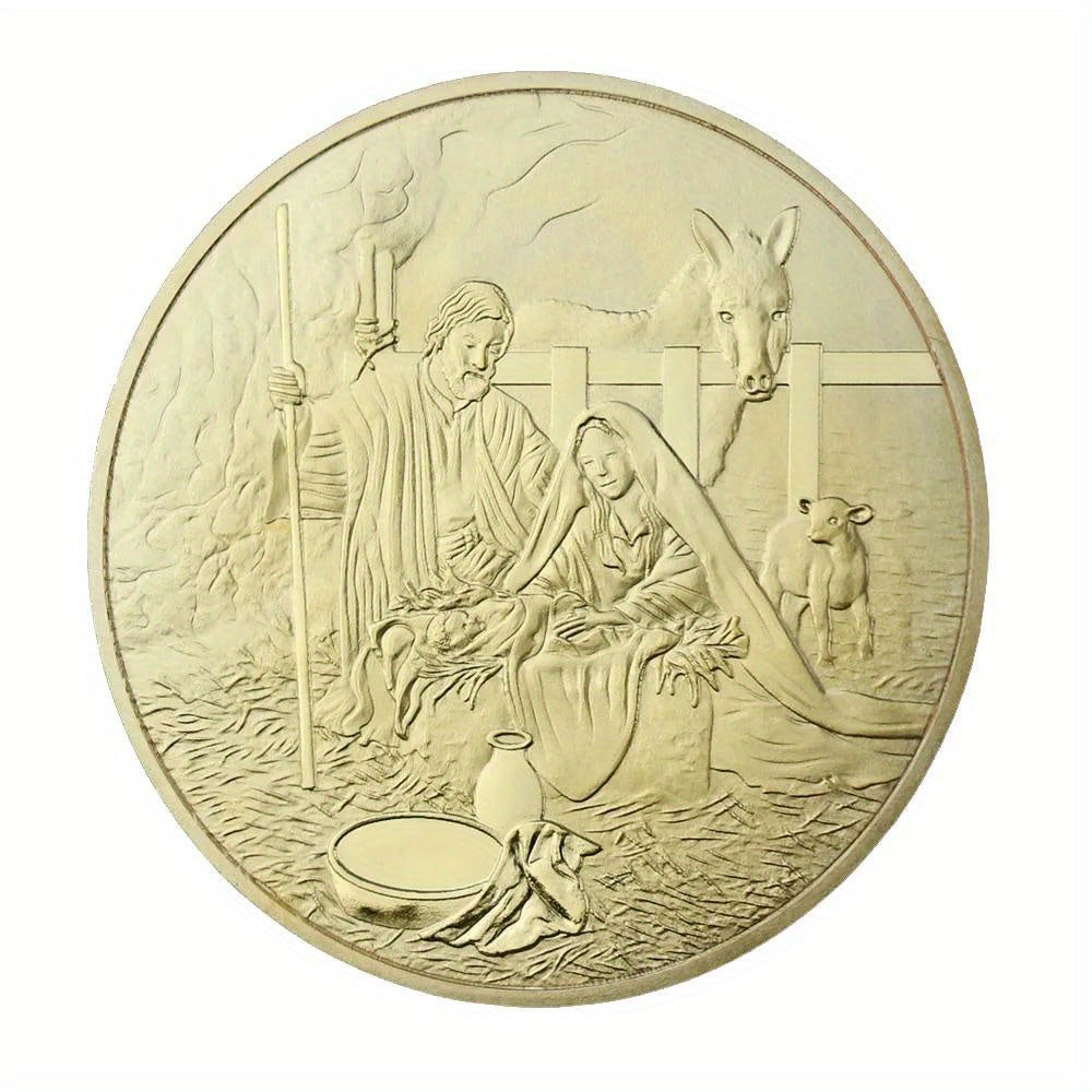 A gold-plated commemorative coin depicting a scene from the Last Supper with figures and a donkey.