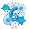 A collection of blue and white football-shaped helium foil balloons and a large blue number six balloon for birthday decorati