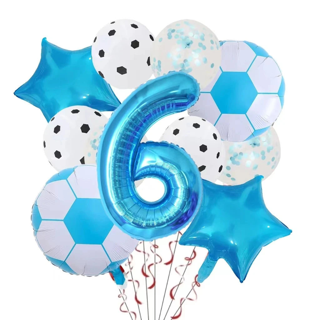 A collection of blue and white football-shaped helium foil balloons and a large blue number six balloon for birthday decorati