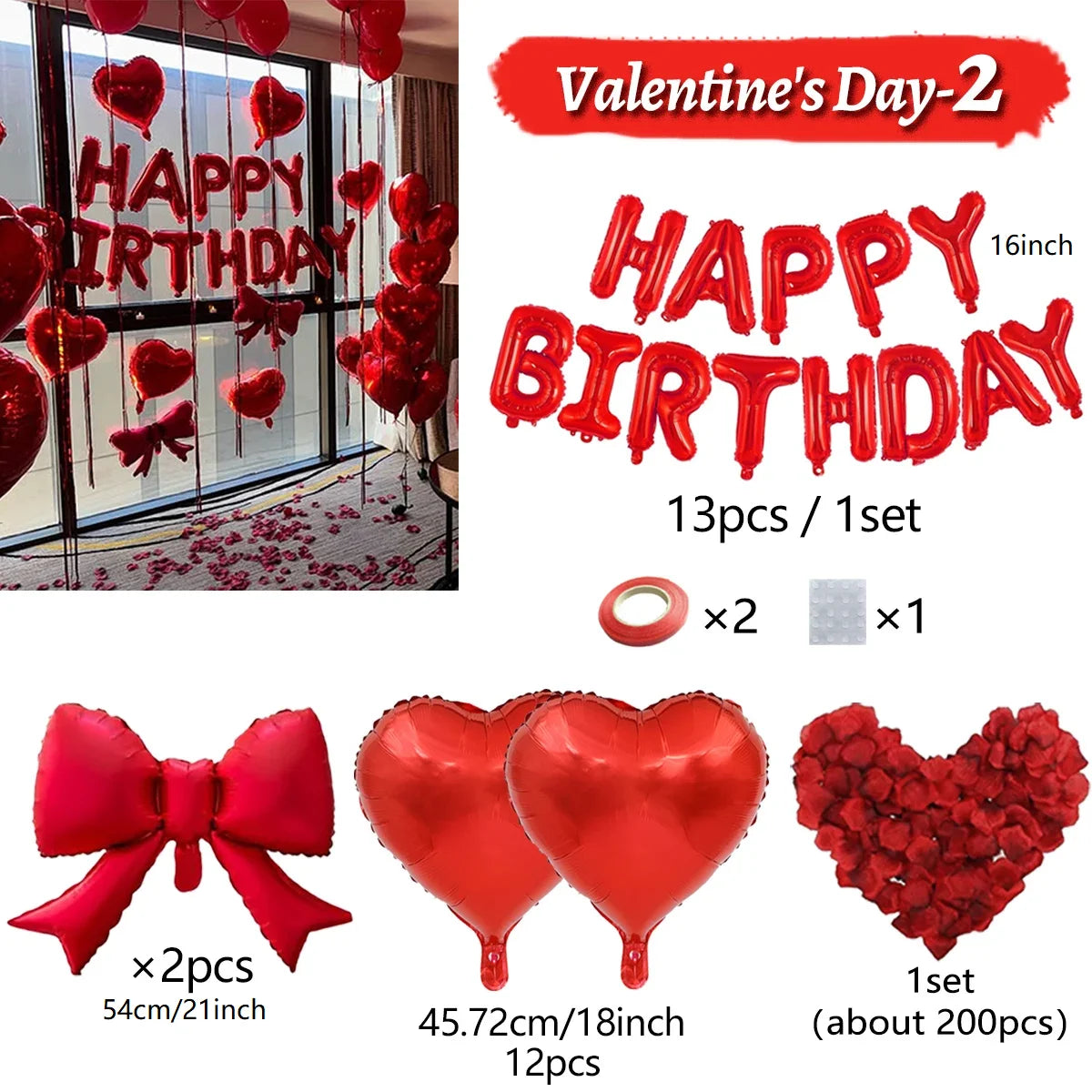 Red foil birthday balloon set with heart bow includes 13 pieces and a heart shaped balloon