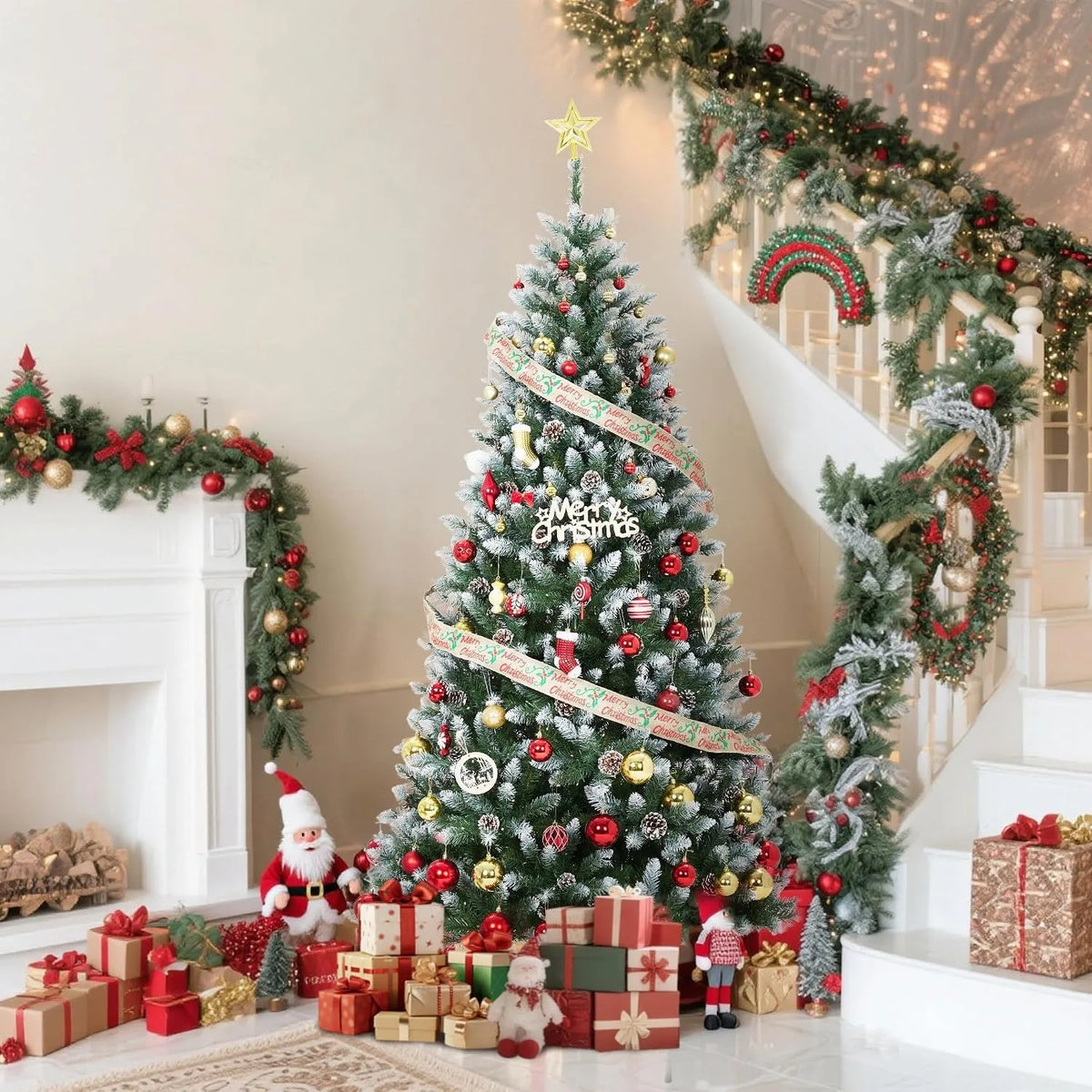 A flocked artificial Christmas tree decorated with ornaments and ribbon, displayed in a white room setting.