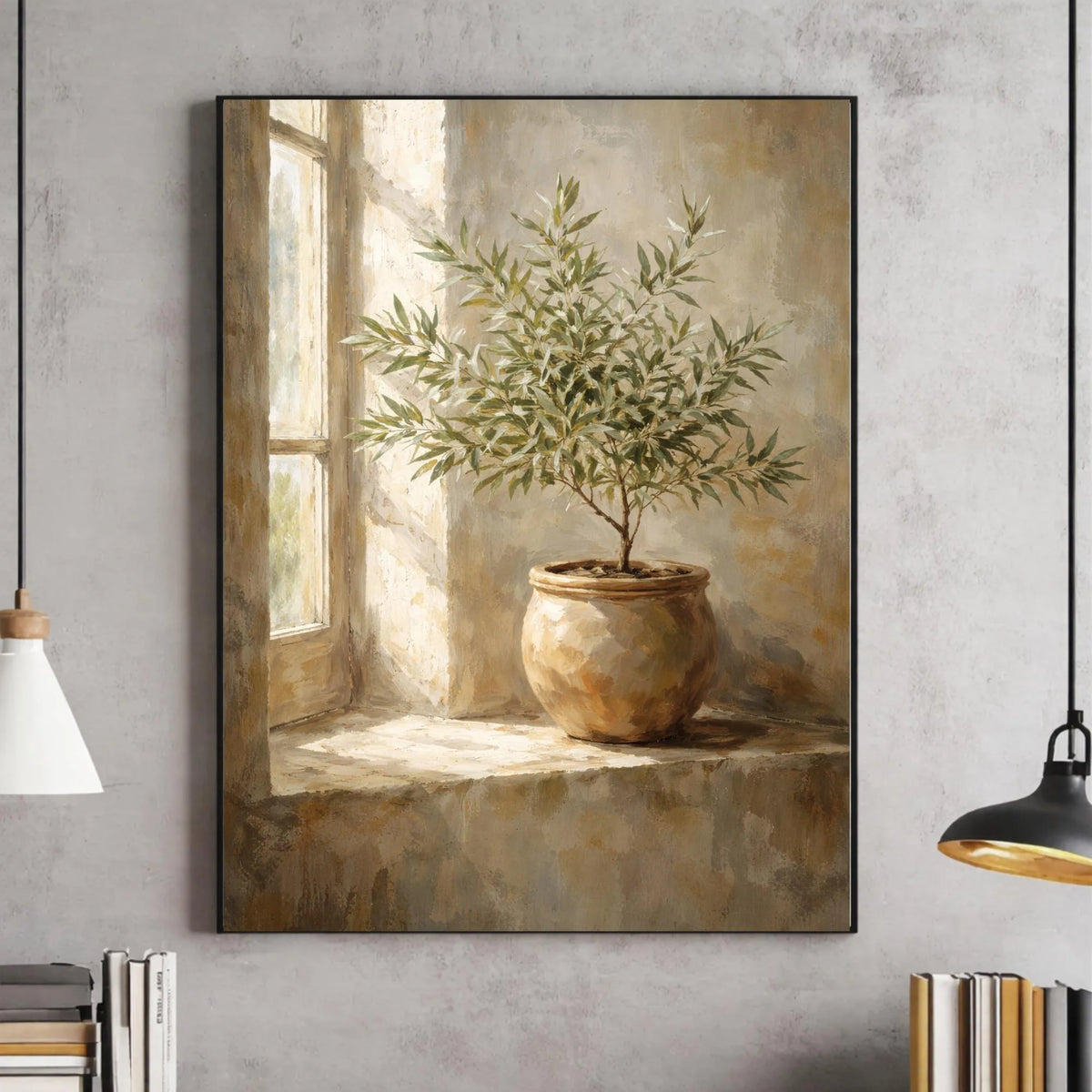 Botanical canvas wall art featuring a potted olive tree against a light background.