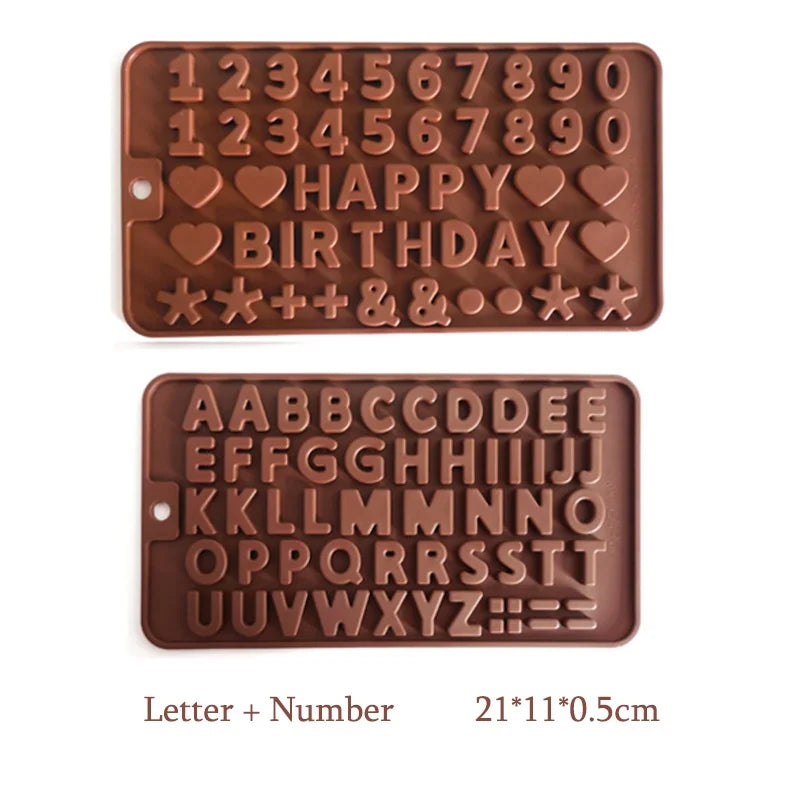 A brown silicone chocolate mold set featuring letters and numbers for crafting