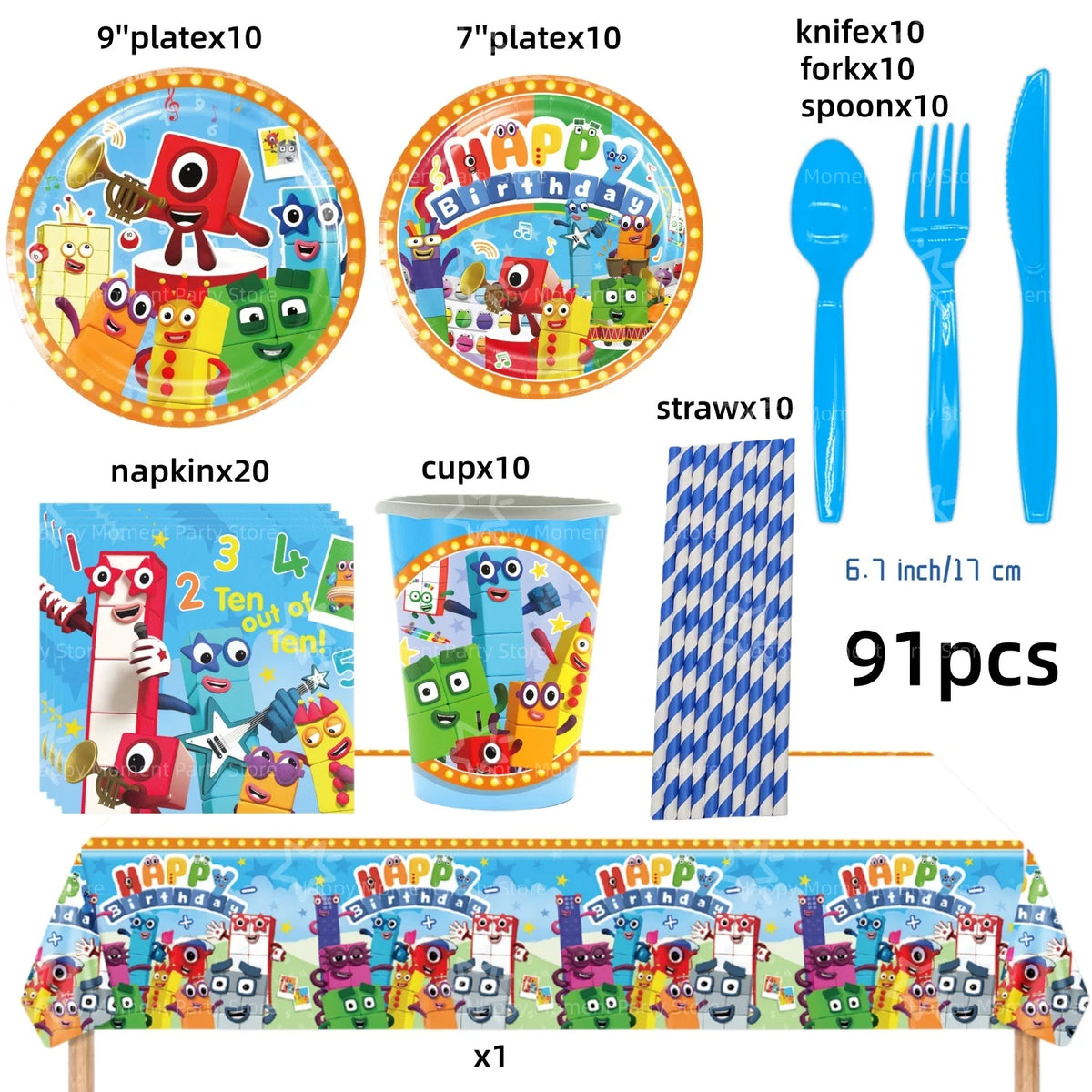 A set of birthday party decorations including plates, napkins, cups, straws, and a banner featuring cartoon characters.