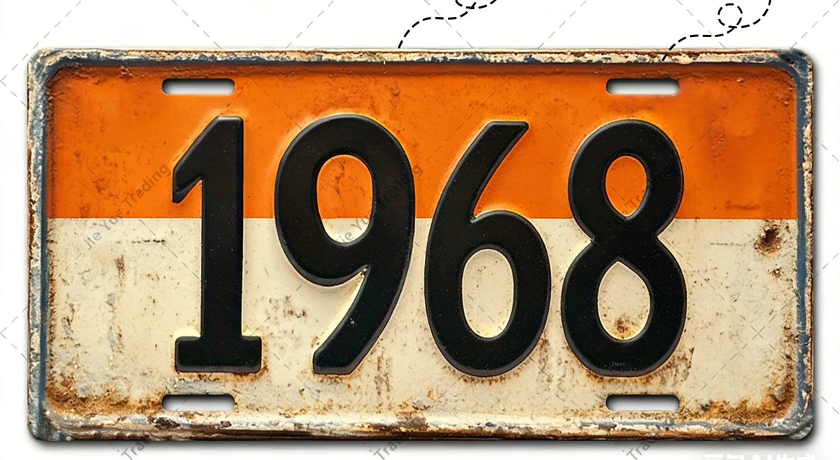 Señal de pared de aluminio vintage con el año 1968 grabado en negro sobre fondo naranja y blanco.