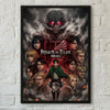 A dark, intense poster featuring characters from Attack on Titan with fiery effects and a menacing figure.