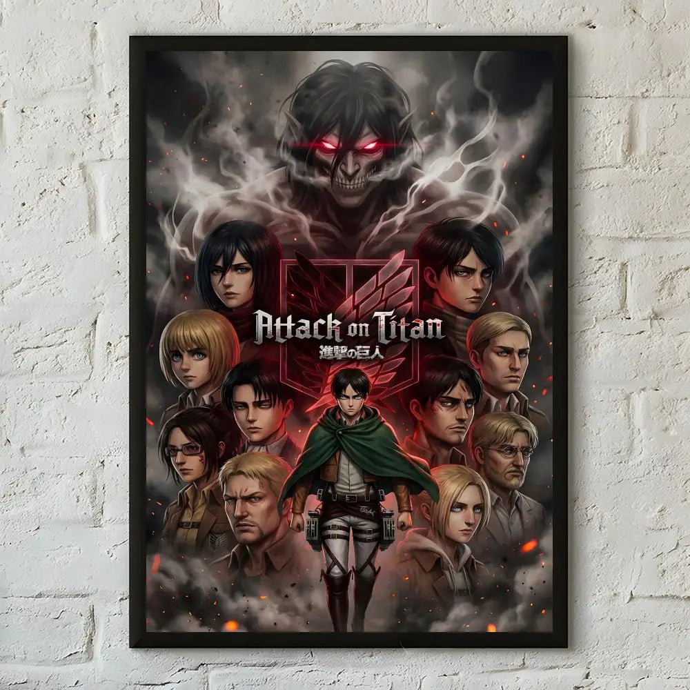 A dark, intense poster featuring characters from Attack on Titan with fiery effects and a menacing figure.