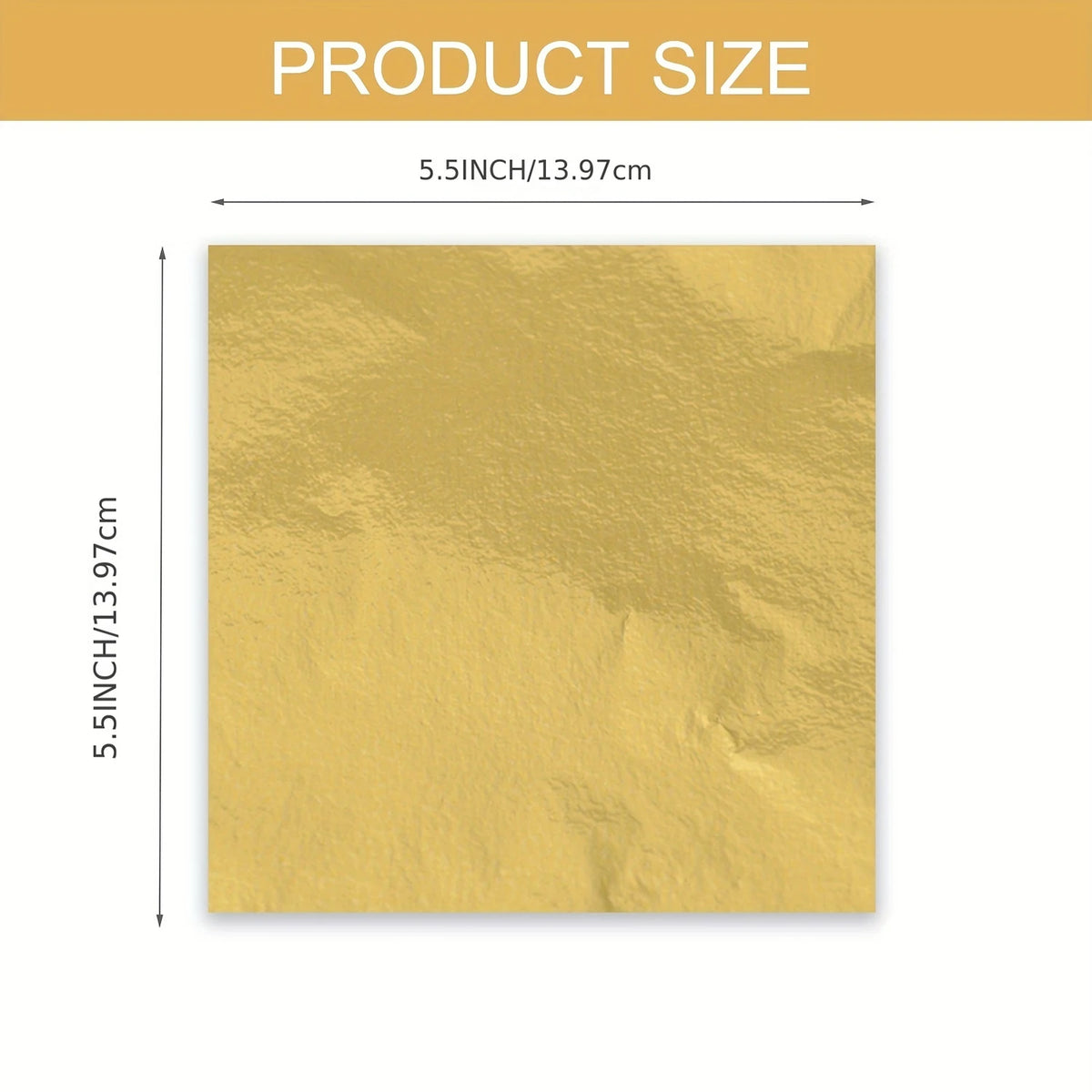 A square sheet of imitation gold leaf, measuring 5.5 inches by 13.97 cm.
