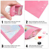 Four images showing the quality, material, sealing, and food-grade nature of pink holographic ziplock bags.