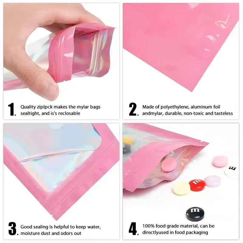 Four images showing the quality, material, sealing, and food-grade nature of pink holographic ziplock bags.