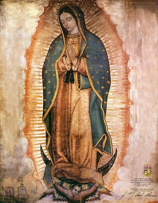 A painting of Our Lady of Guadalupe featuring a dark complexion, draped in green and gold robes against a radiant background.