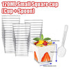 A set of 120ml small square glass cups with spoons and multiple stacking wire racks for desserts