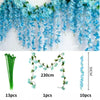Blue silk wisteria hanging vine garland featuring various lengths and quantities