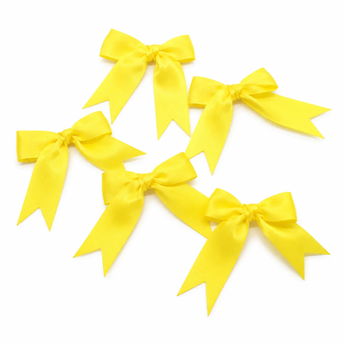 Three bright yellow satin ribbon bows displayed against a white background.
