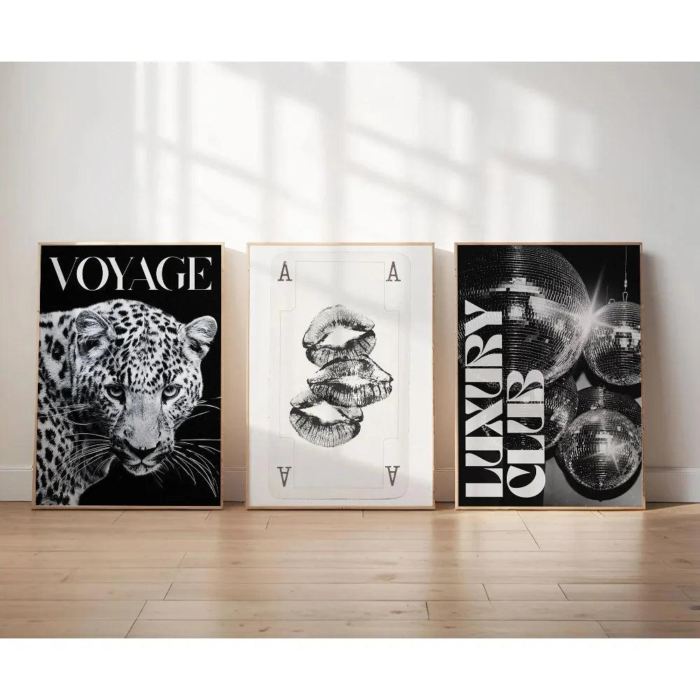 Frameless Leopard & Black-White Gallery Canvas Poster Set (3-Piece)