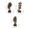 A set of three resin figurines depicting figures in historical or dramatic attire, shown with dimensions.