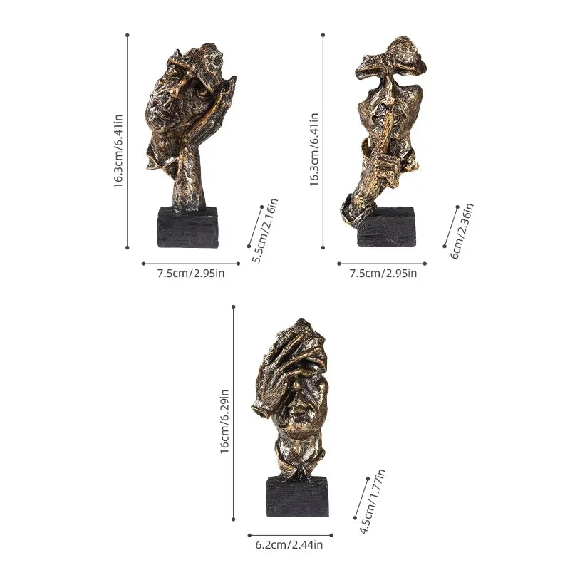 A set of three resin figurines depicting figures in historical or dramatic attire, shown with dimensions.