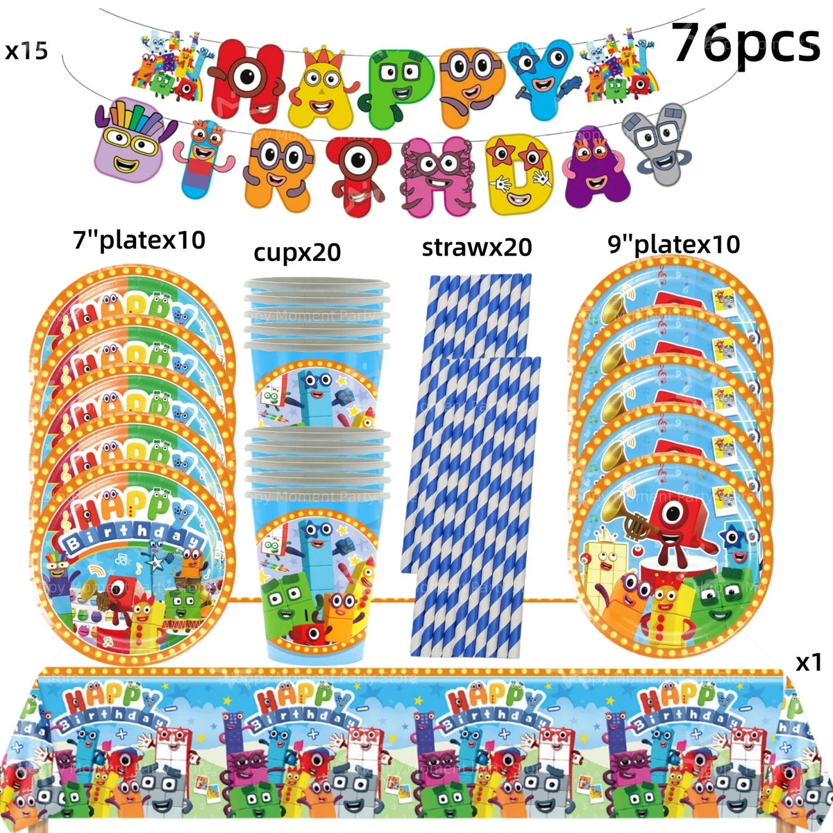 A set of building block birthday party decorations including various character figures and a banner.