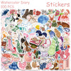 A collection of watercolor stickers featuring various animals, food items, and decorative elements for DIY projects.