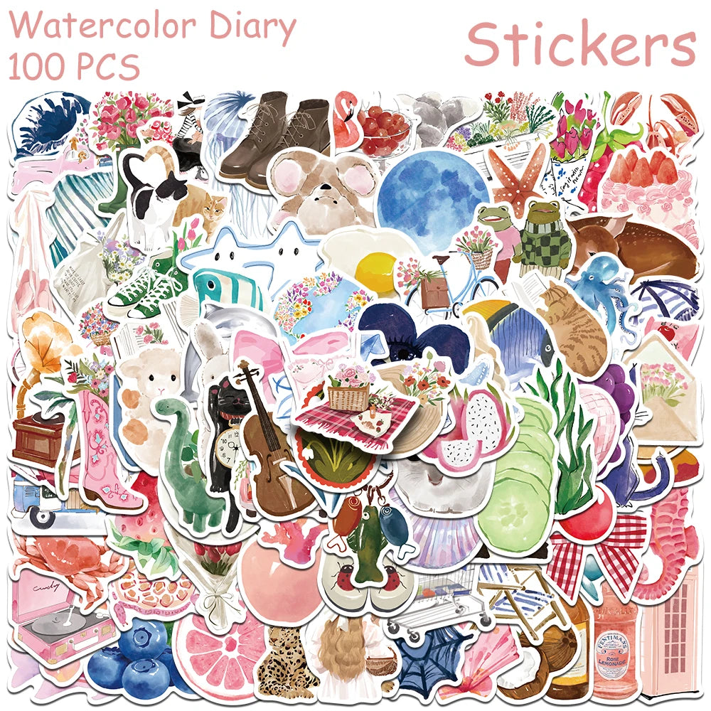 A collection of watercolor stickers featuring various animals, food items, and decorative elements for DIY projects.
