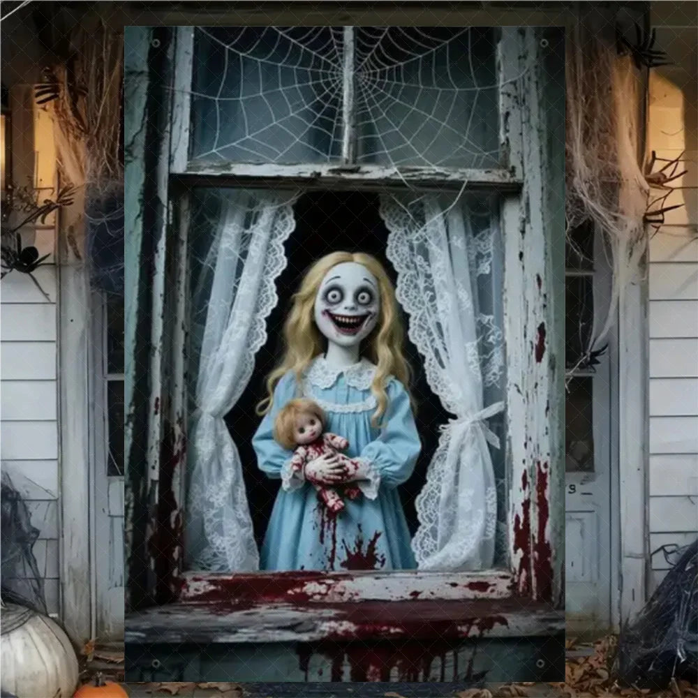 A creepy Halloween window display featuring a porcelain doll with blonde hair and a baby, framed by cobwebs and distressed cu