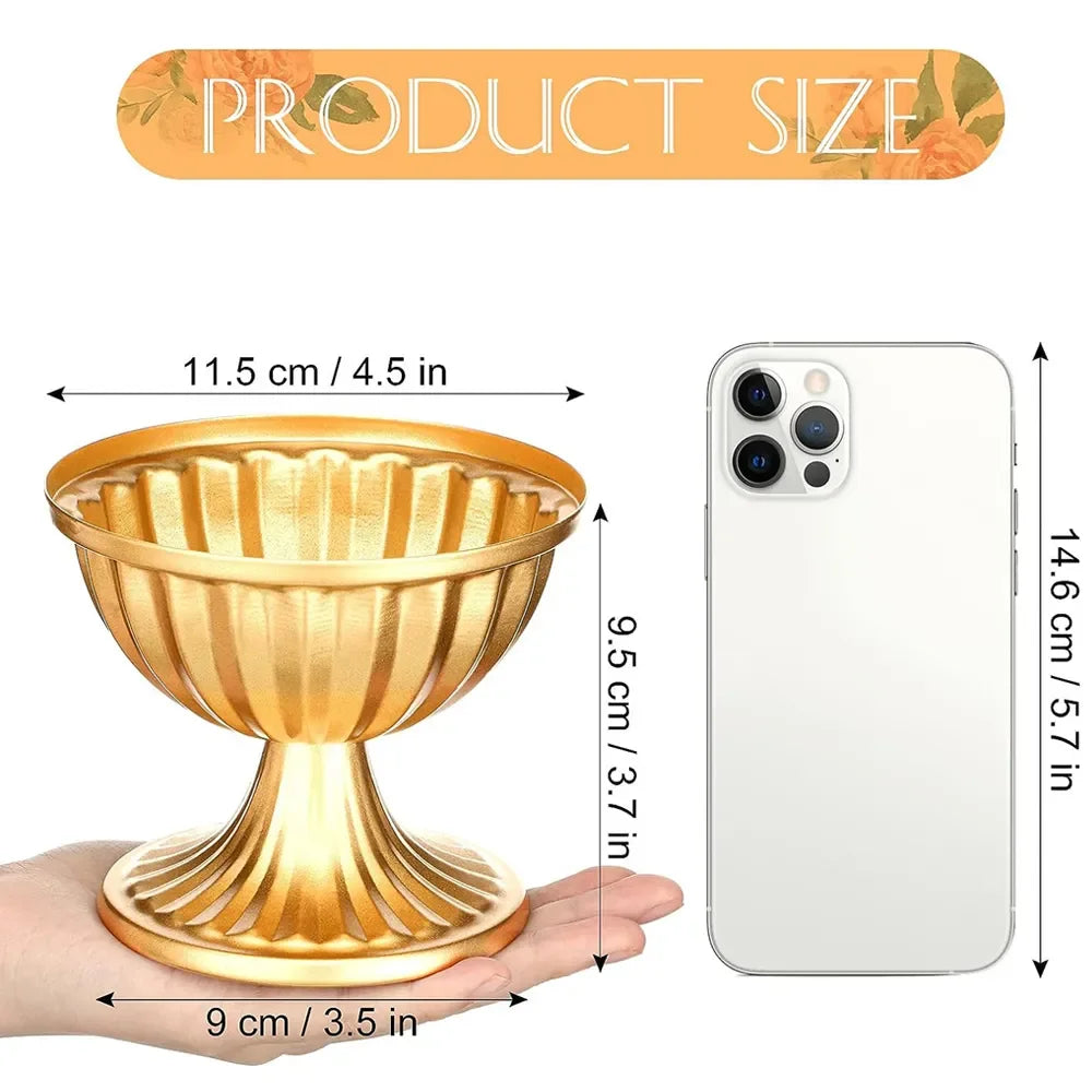 A gold trumpet vase is shown next to a smartphone to illustrate its size.