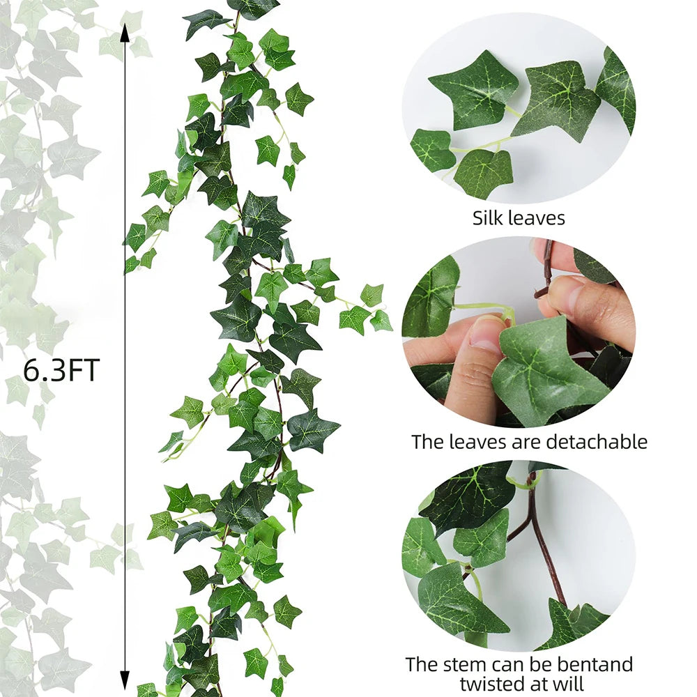 Artificial ivy garland showing detachable silk leaves and a bendable stem for home decor