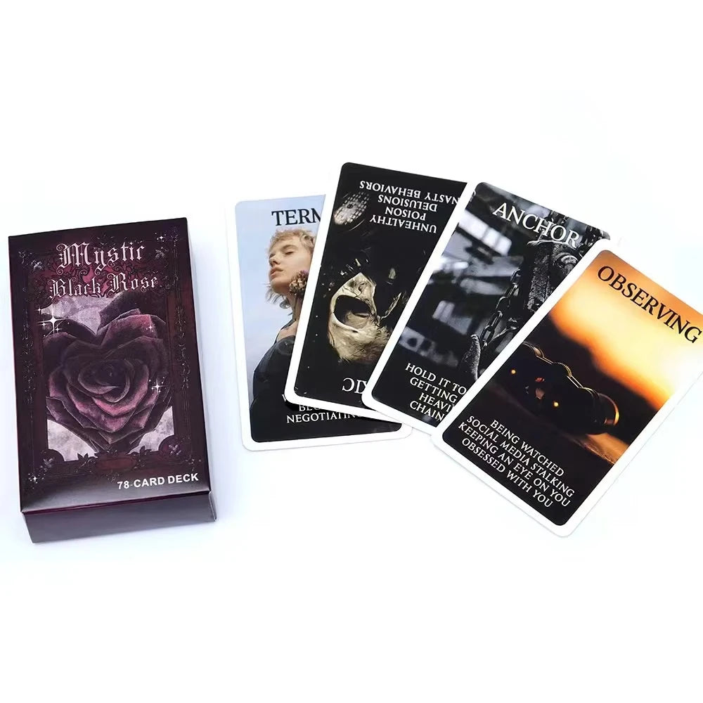A collection of tarot cards titled Anchor, Observing, Term, and Unhealthy, displayed next to the Mystic Black Rose Tarot Deck