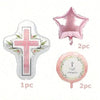 Pink and silver foil balloon set featuring a cross and dove motifs for communion or baptism