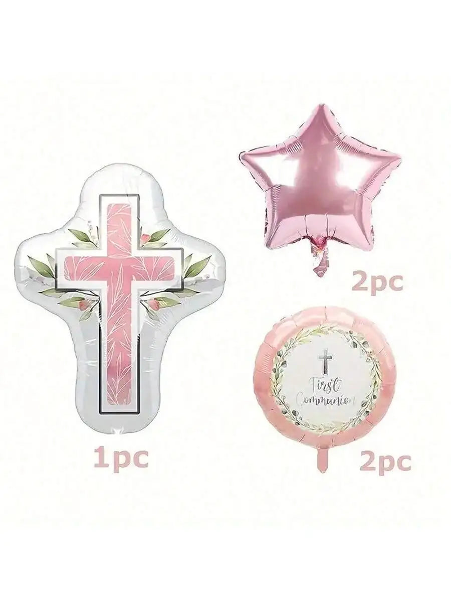 Pink and silver foil balloon set featuring a cross and dove motifs for communion or baptism