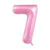 A pink foil number balloon shaped like the number 7.