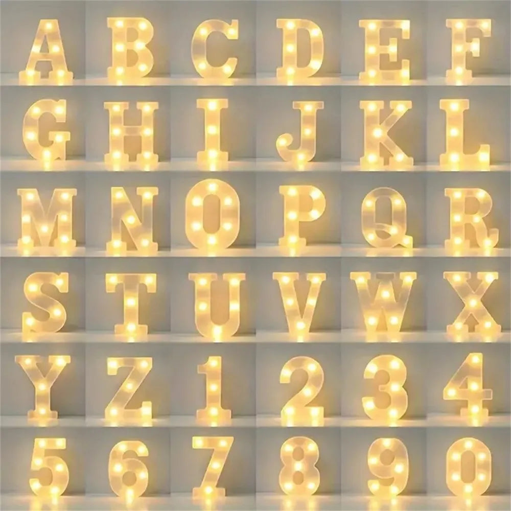 A display of illuminated LED letter lights in various uppercase and lowercase alphabets and numbers.