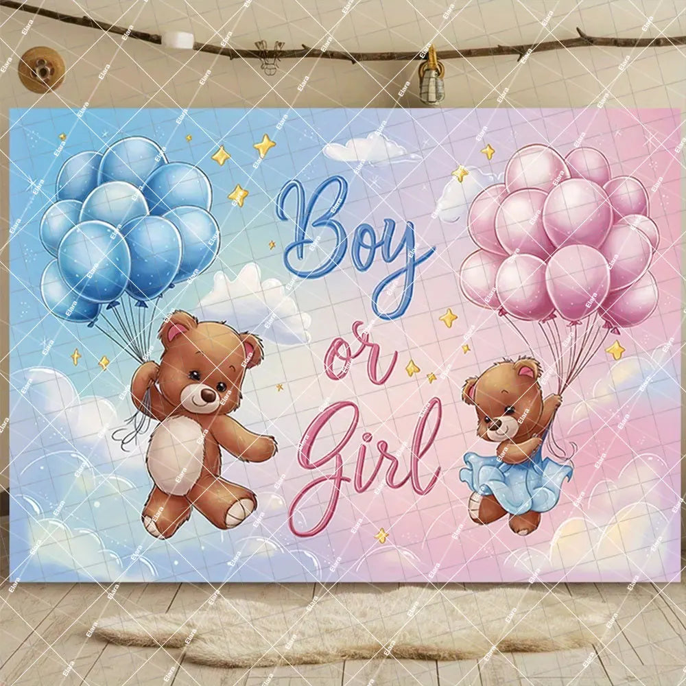 A gender reveal decoration featuring blue and pink balloons, clouds, and two teddy bears.