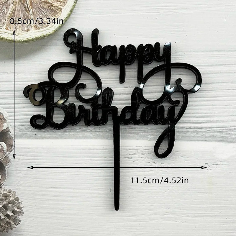 Black acrylic birthday cake topper set with the words Happy Birthday