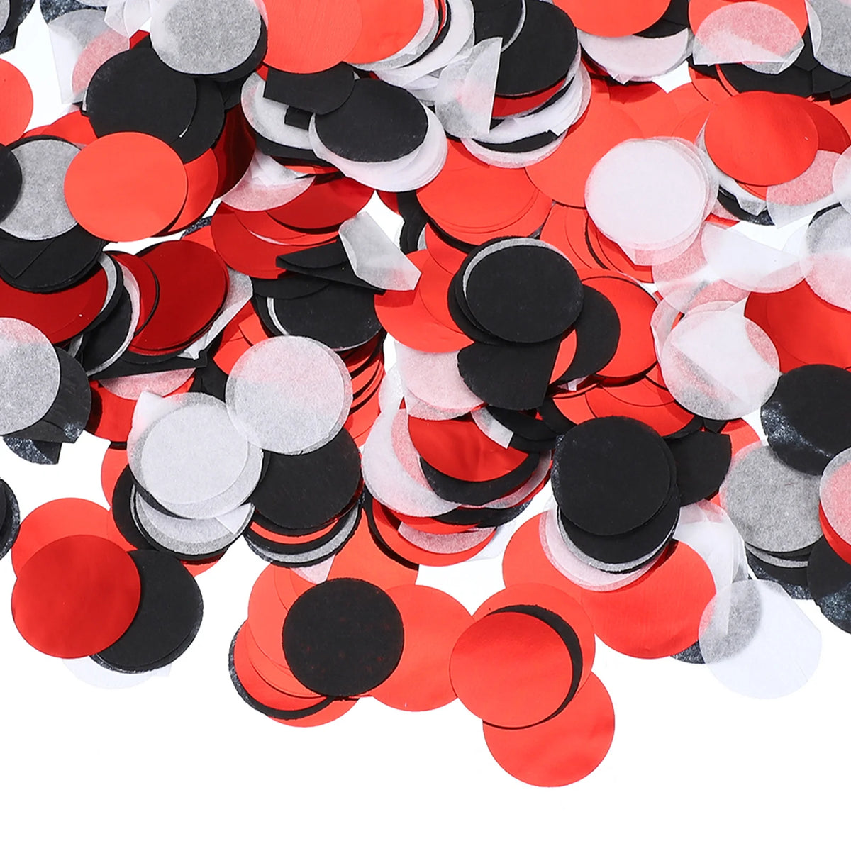 A pile of round tissue paper confetti dots in red, black, and white.