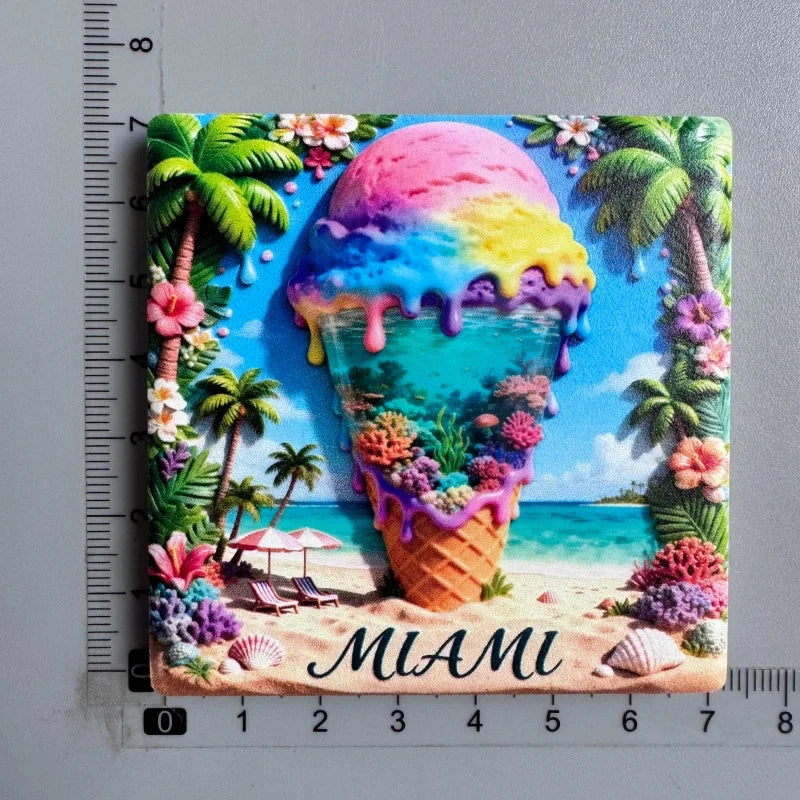 A vibrant illustration of a melting ice cream cone with tropical foliage and a beach scene, featuring the word Miami.
