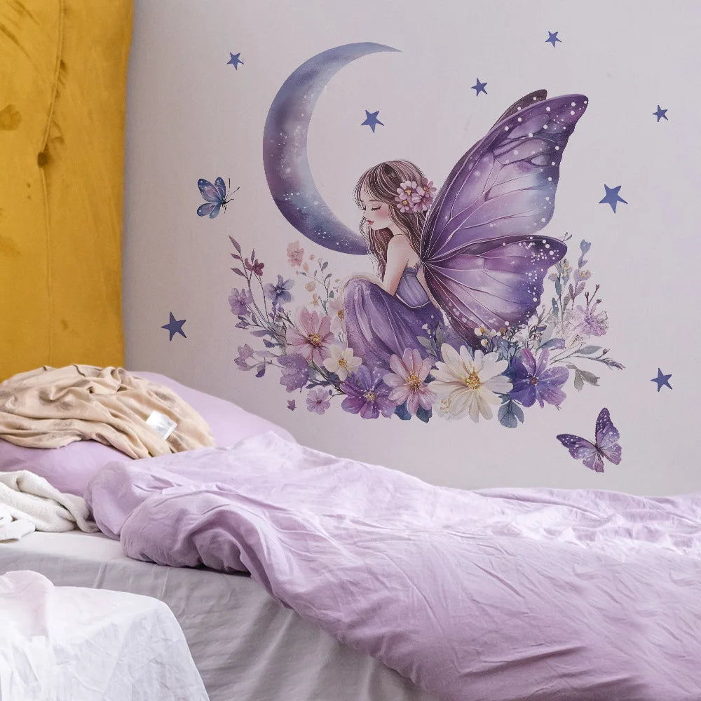A wall decal featuring a fairy with butterfly wings and a crescent moon surrounded by flowers on a purple background.